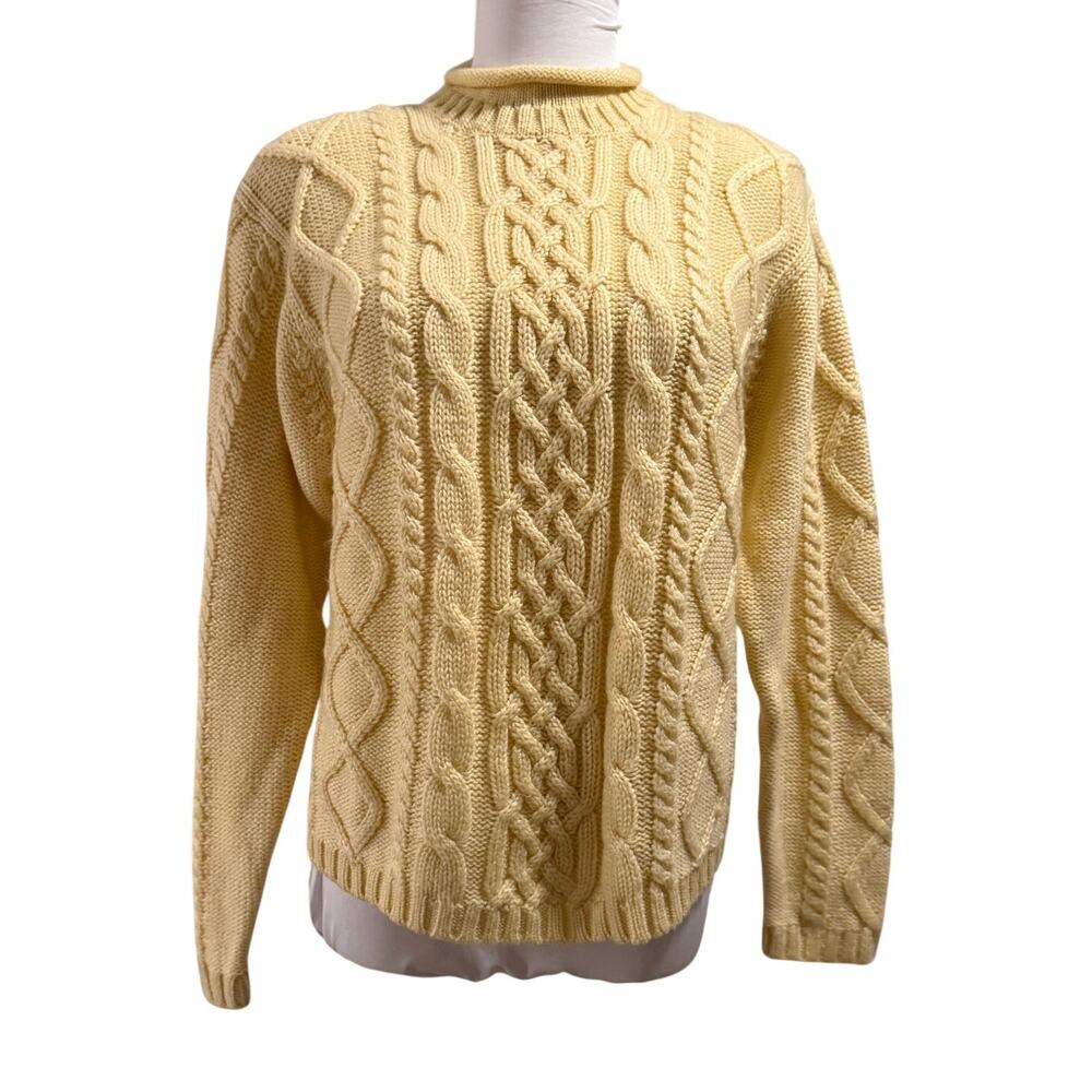 Vintage Karen Scott Butter Yellow Cable Knit Turtleneck Fisherman Sweater Medium